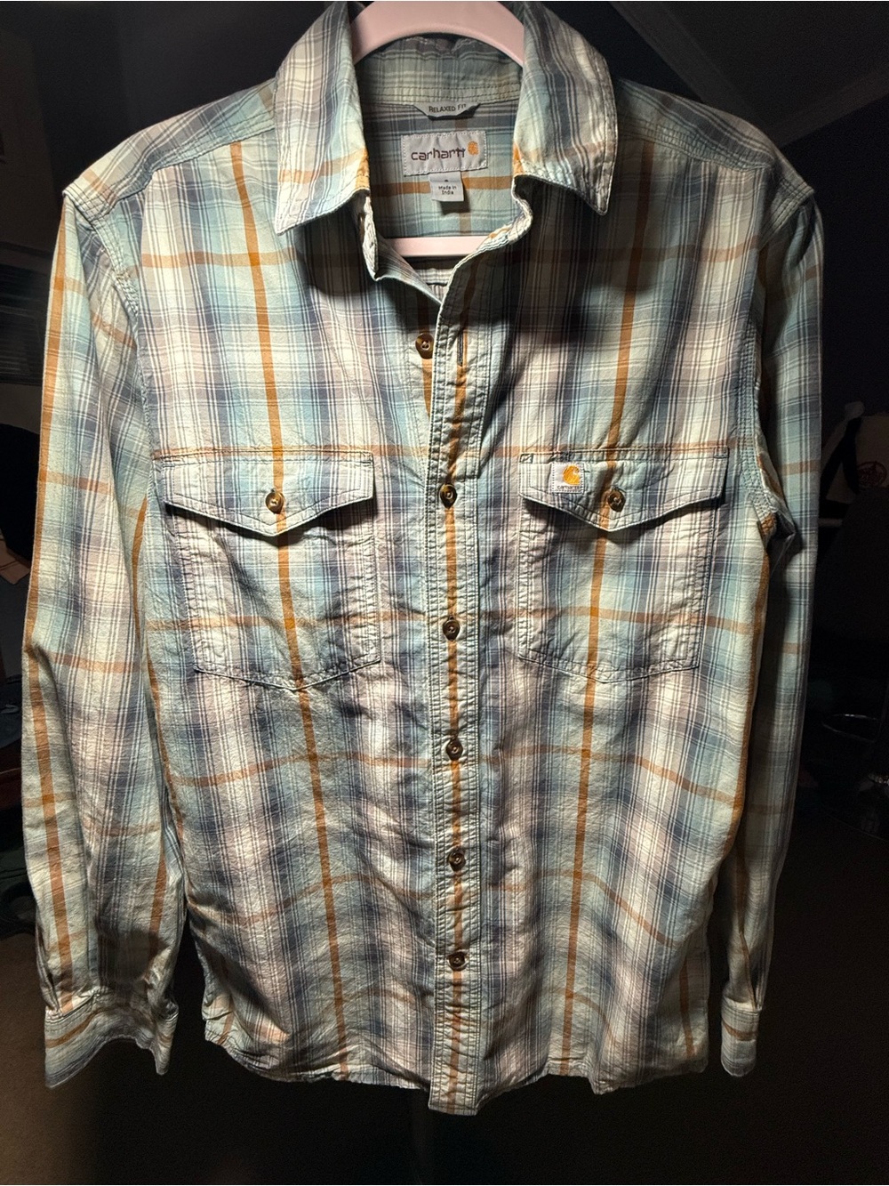 Carhartt Men's Plaid Button-Up Shirt - Light Blue & Tan